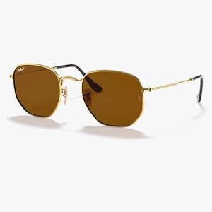 Brown Polarized Ray Ban Hexagonal Sunglassess with gold frame.